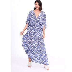 Rujuta Sheth Dress Marie Cinch Kaftan Blue Lotus Print Maxi Anthropologie Sz S/M